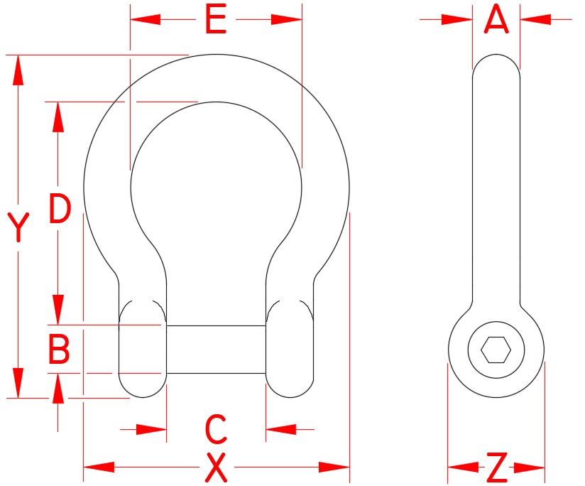 Stainless Steel Bow Shackle with No Snag Pin, S0116-NS06, S0116-NS08, S0116-NS10, S0116-NS12, S0116-NS13, S0116-NS16, S0116-NS20, S0116-NS22, S0116-NS22, Line Drawing